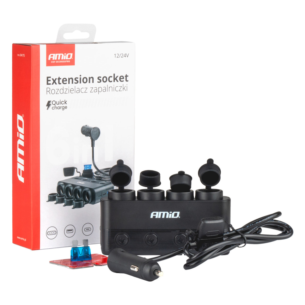 Car 4-socket power strip with PD 30W and QC3.0 12/24V, max 216W AMIO-04175