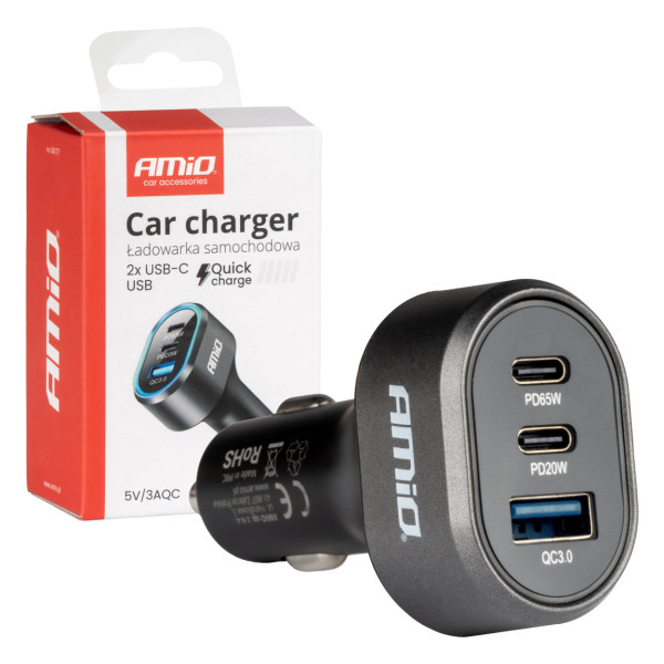 Fast car charger QC 3.0 PD 65W + PD 20W AMIO-04177