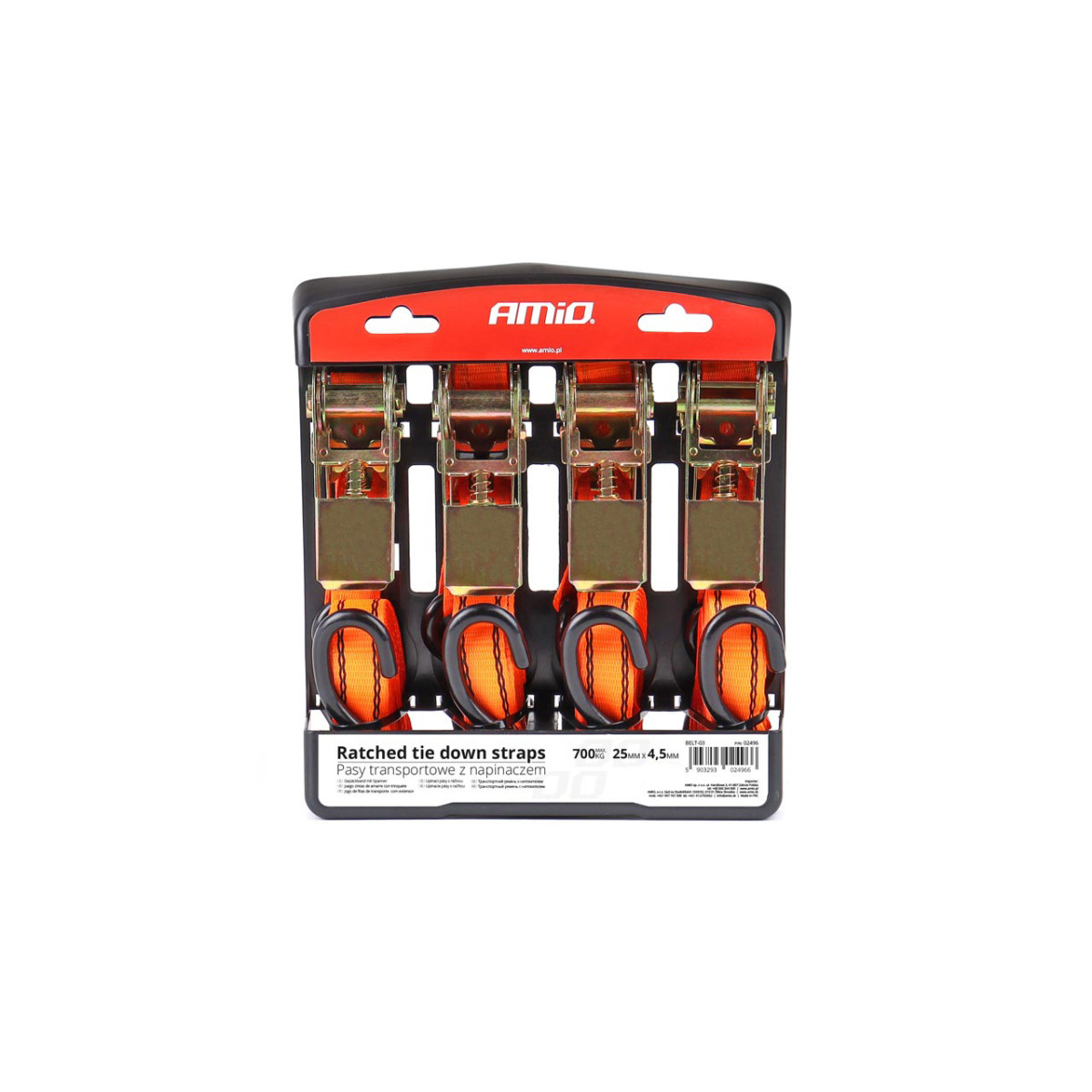Lashing belt set with tensioner 700 kg, 25 mm × 4.5 m, 4 pcs., BELT-03 AMIO-02496