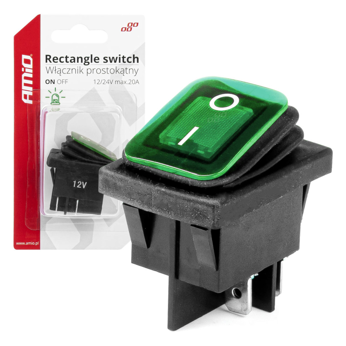 Rectangular switch with green illumination AMIO-03090