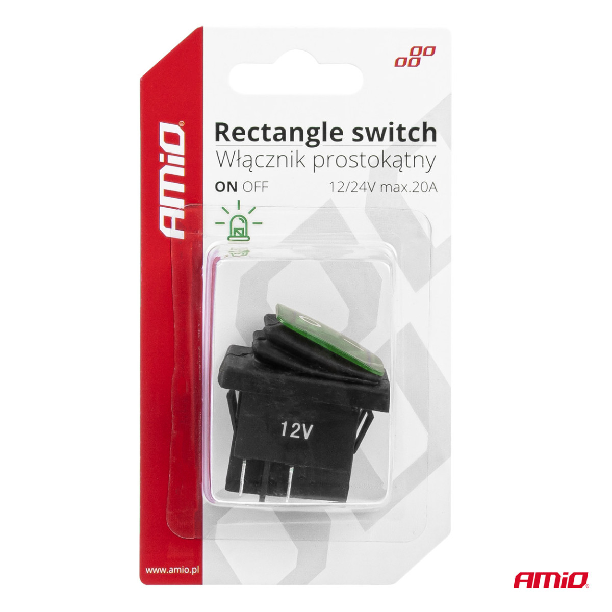 Rectangular switch with green illumination AMIO-03090