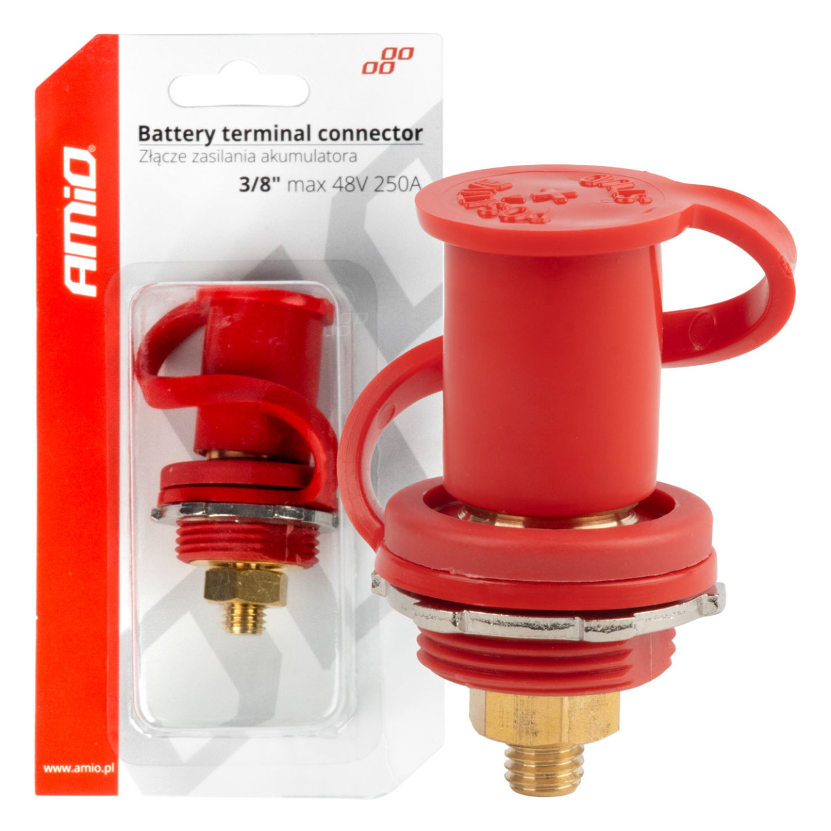 Red positive battery power connector with cap 3/8 M10 12/24/48V 250A, AMIO-03814