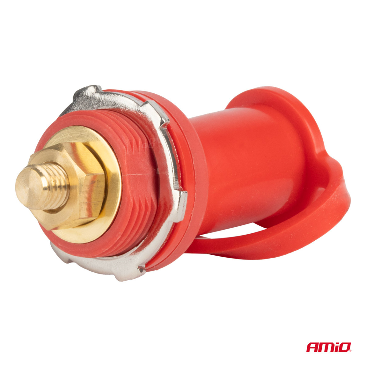 Red positive battery power connector with cap 3/8 M10 12/24/48V 250A, AMIO-03814