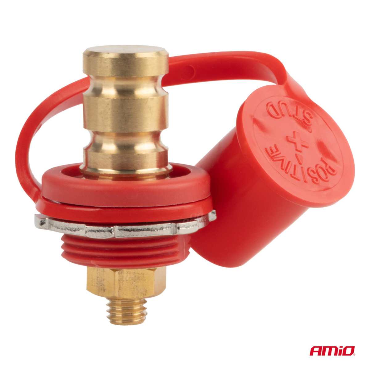 Red positive battery power connector with cap 3/8 M10 12/24/48V 250A, AMIO-03814