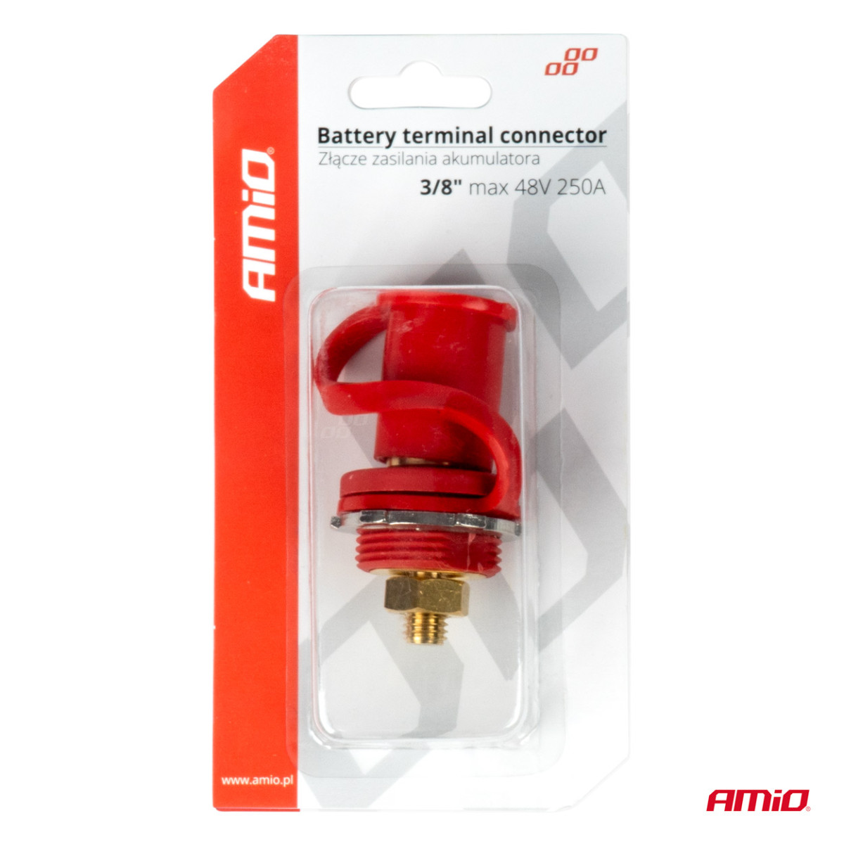 Red positive battery power connector with cap 3/8 M10 12/24/48V 250A, AMIO-03814