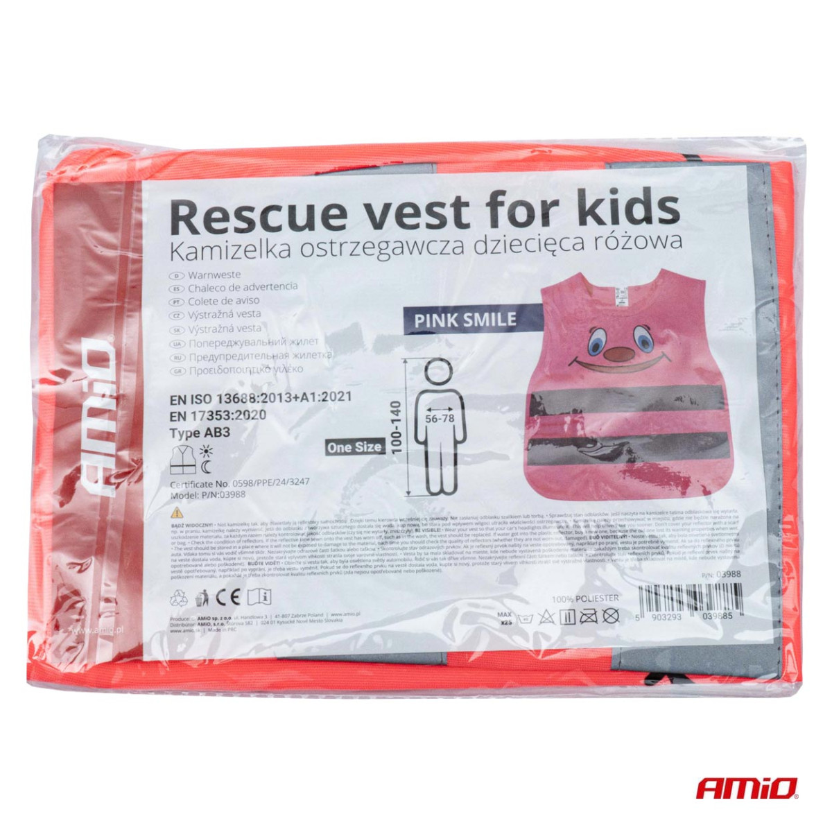 Children's reflective vest SMILE, pink AMIO-03988