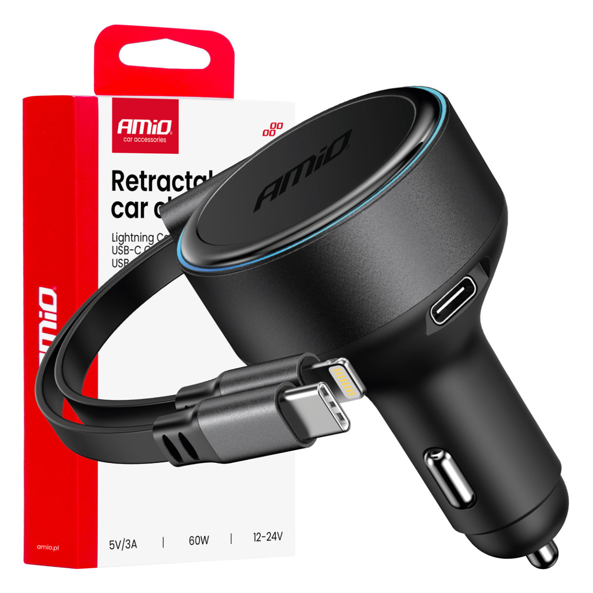 Car charger with retractable C cable, Lightning and USB-C 12/24V 60W AMIO-04370