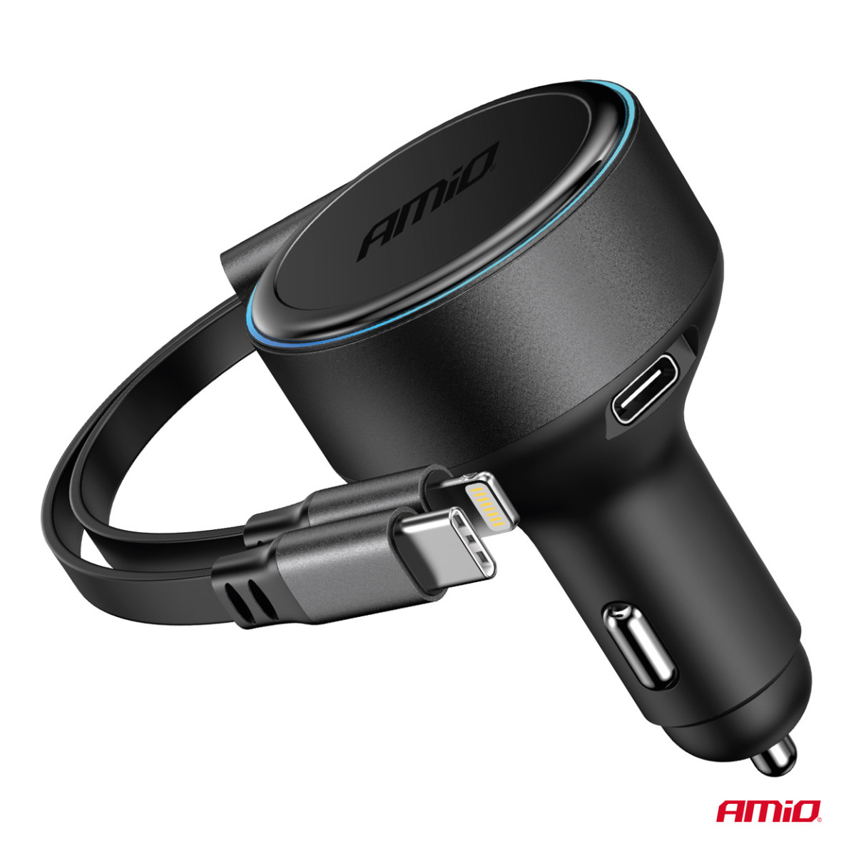 Car charger with retractable C cable, Lightning and USB-C 12/24V 60W AMIO-04370