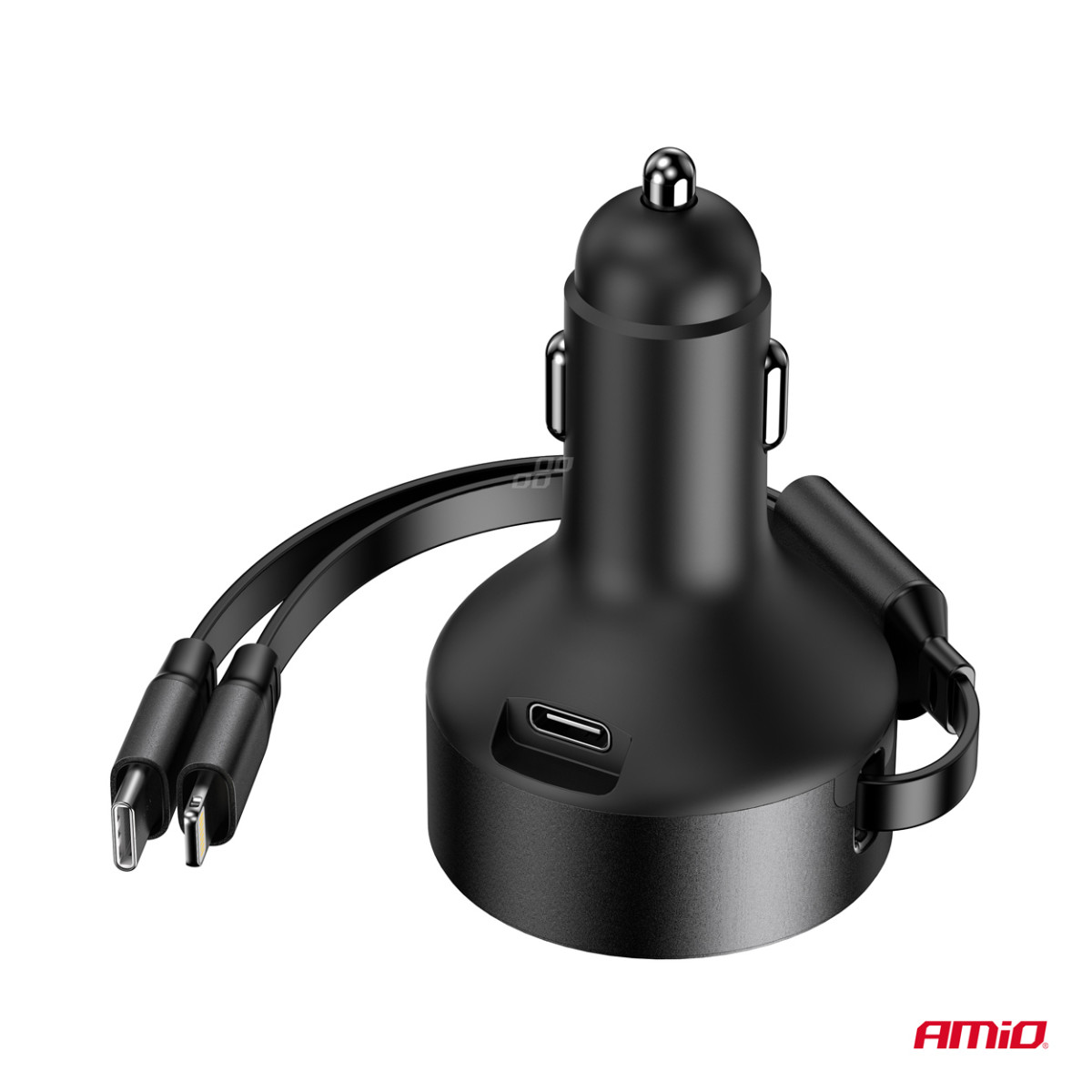 Car charger with retractable C cable, Lightning and USB-C 12/24V 60W AMIO-04370