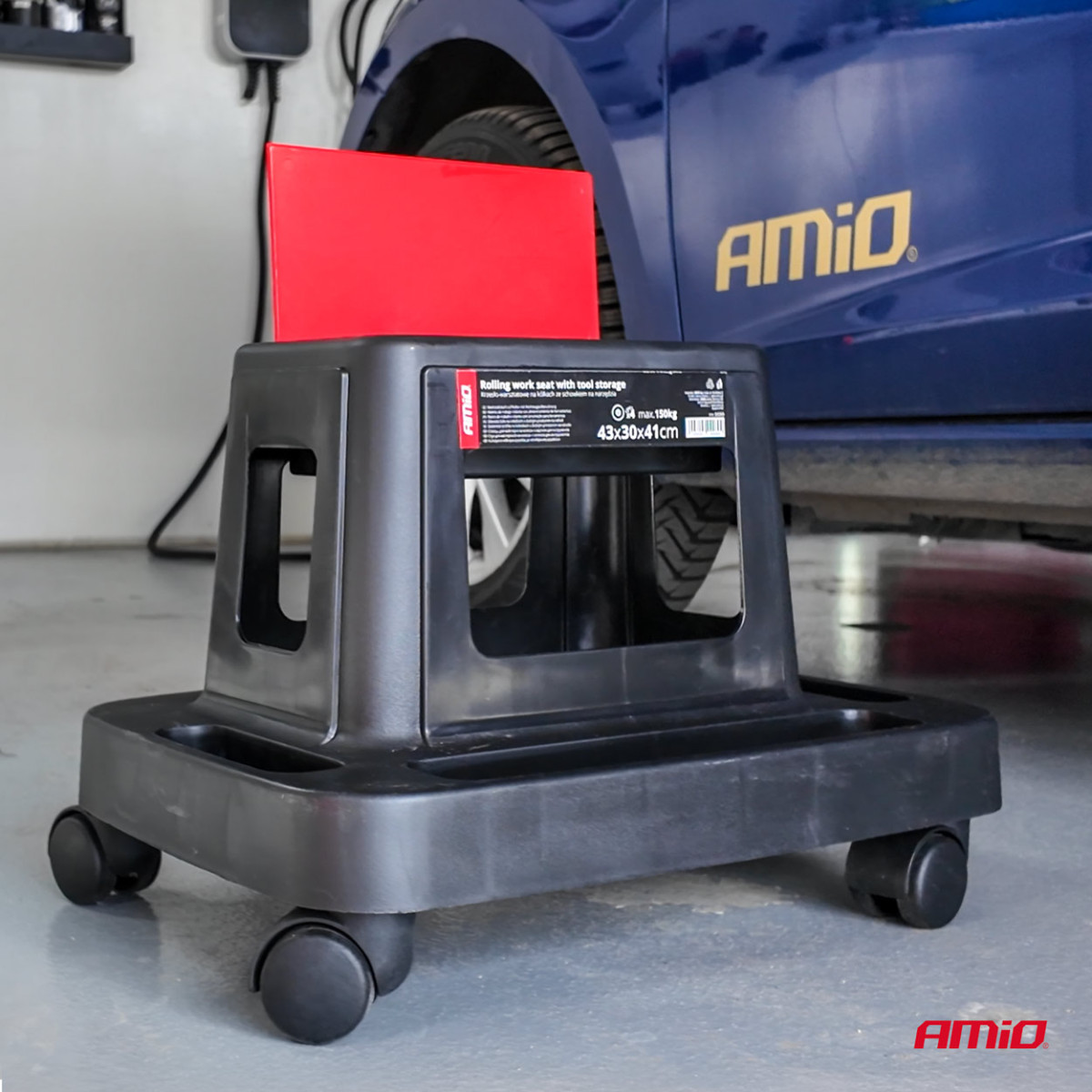 Workshop chair on wheels with tool storage box, 150 kg, AMIO-04269