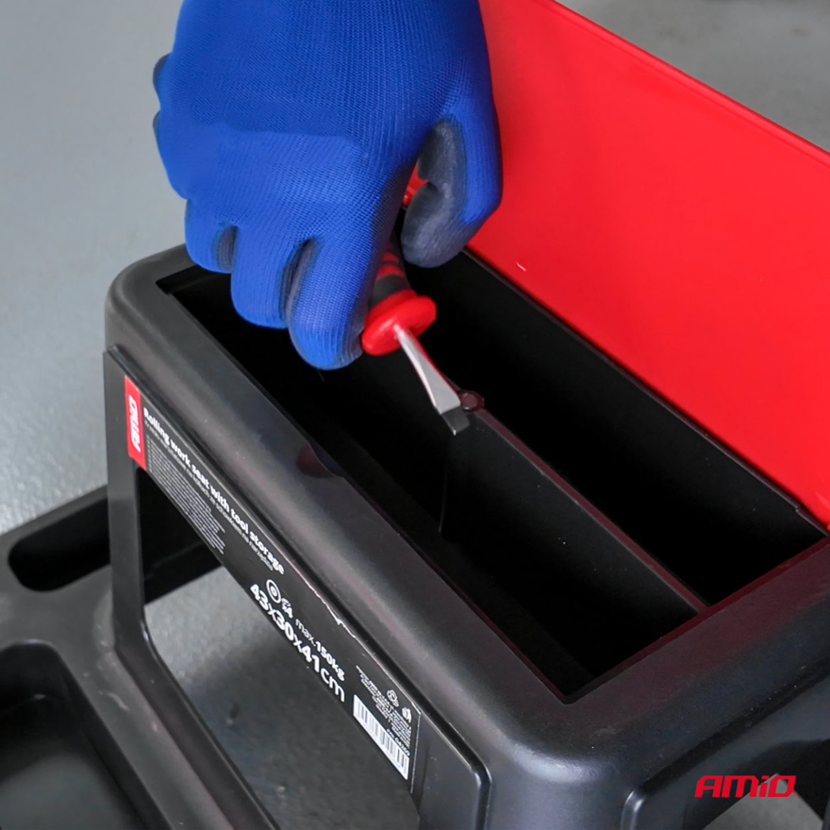 Workshop chair on wheels with tool storage box, 150 kg, AMIO-04269