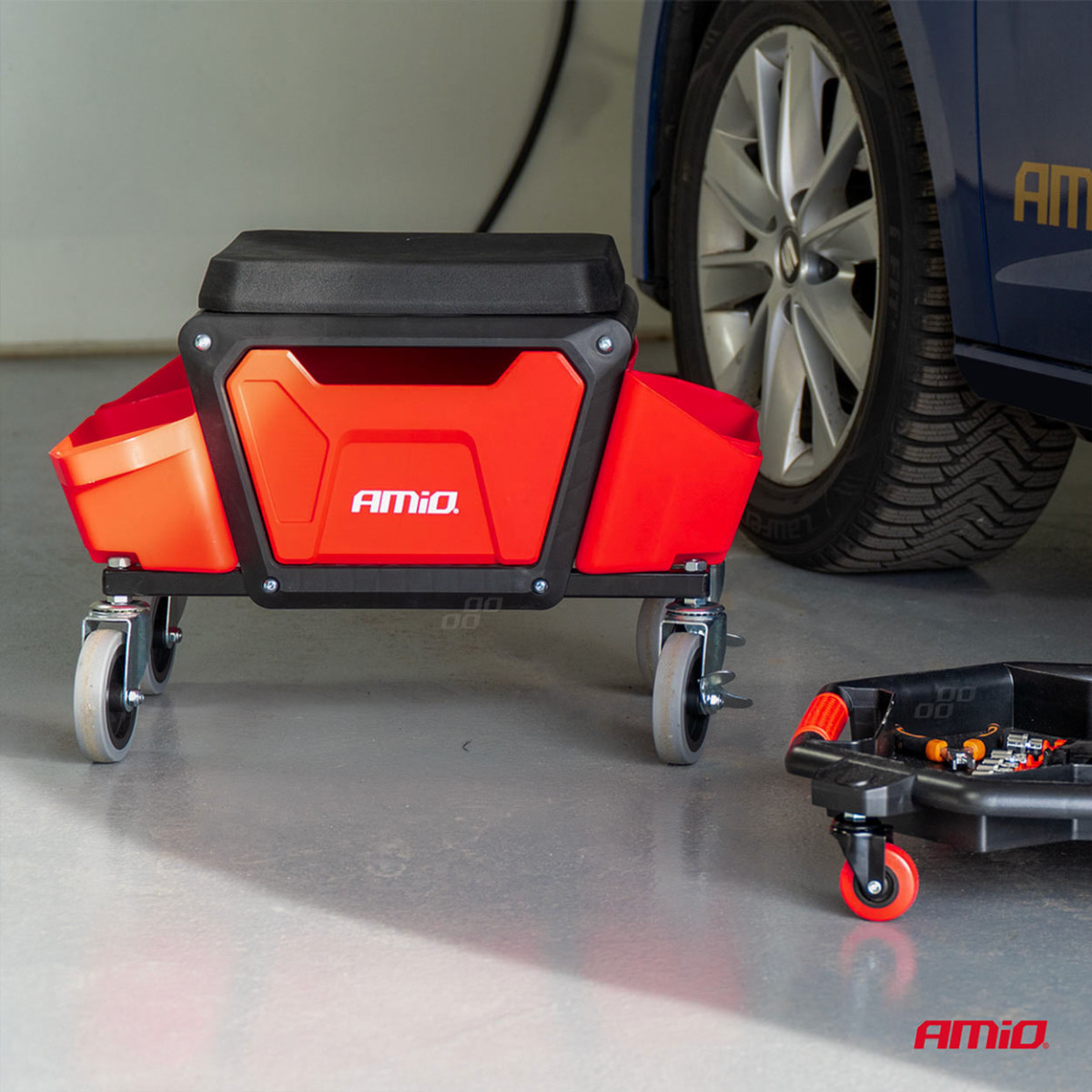 Workshop chair on wheels with tool storage box, 135 kg, AMIO-04268