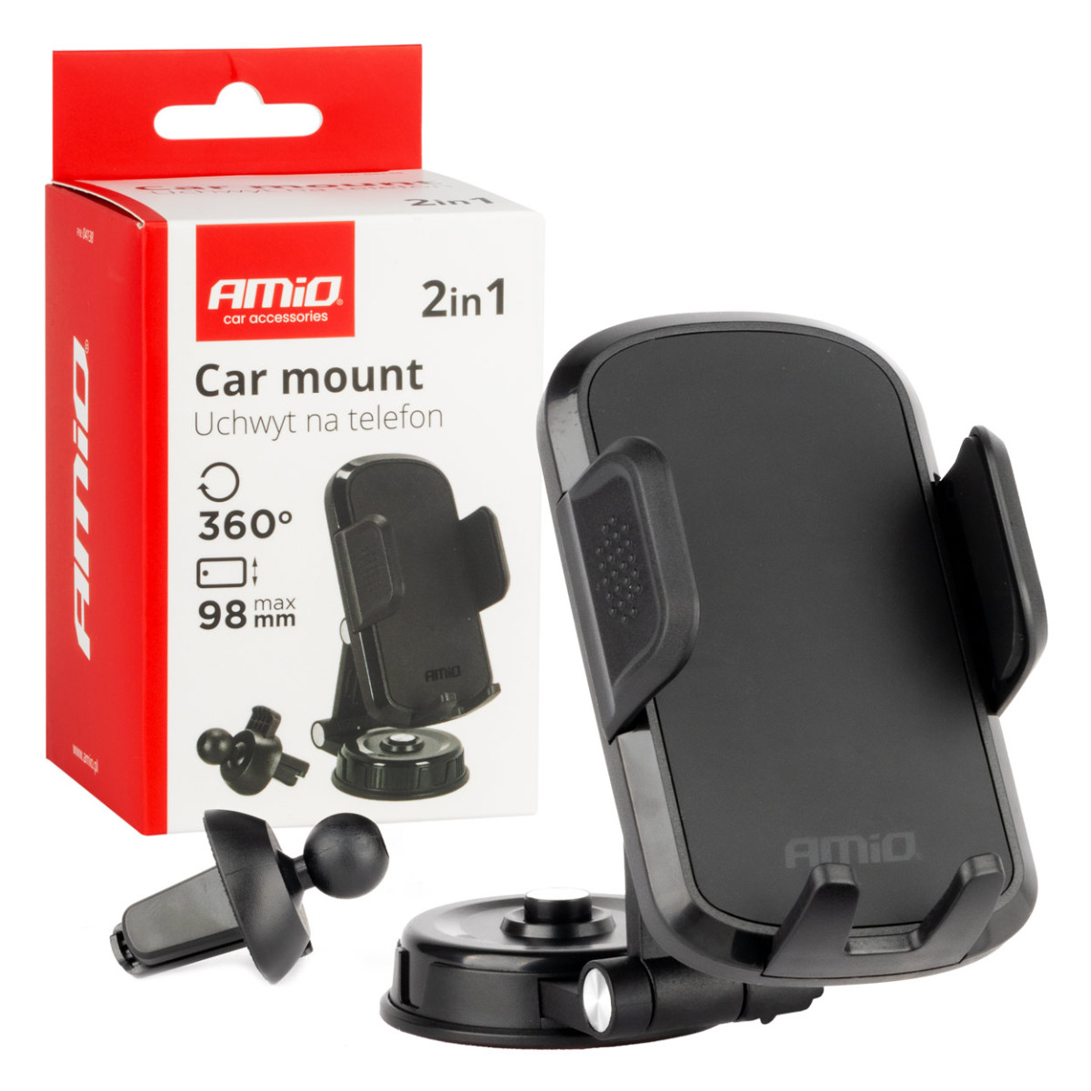 Phone holder 2in1 - for air vents/on dashboard, rotates 360°, AMIO-04138