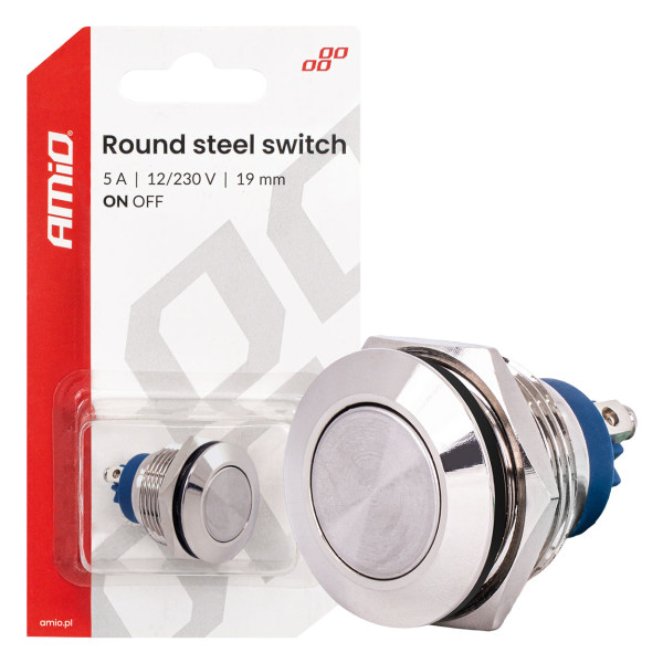 Round metal switch ON/OFF 19 mm, 5 A, 12/230 V AMIO-04474