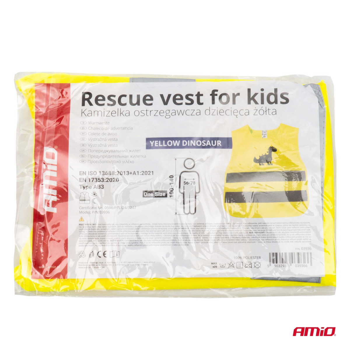 Children's reflective vest DINOSAUR, yellow AMIO-03936