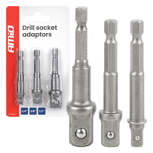 Socket adapter set for screwdriver, 1/4" HEX, 1/4" / 3/8" / 1/2", 3 pcs., AMIO-04933 Socket adapter set for screwdriver, 1/4" HEX, 1/4" / 3/8" / 1/2", 3 pcs., AMIO-04933