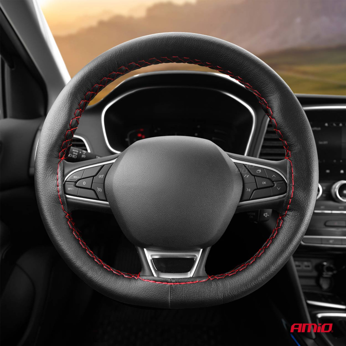 Steering wheel cover with needle and thread 38-39 cm - black / red stitching