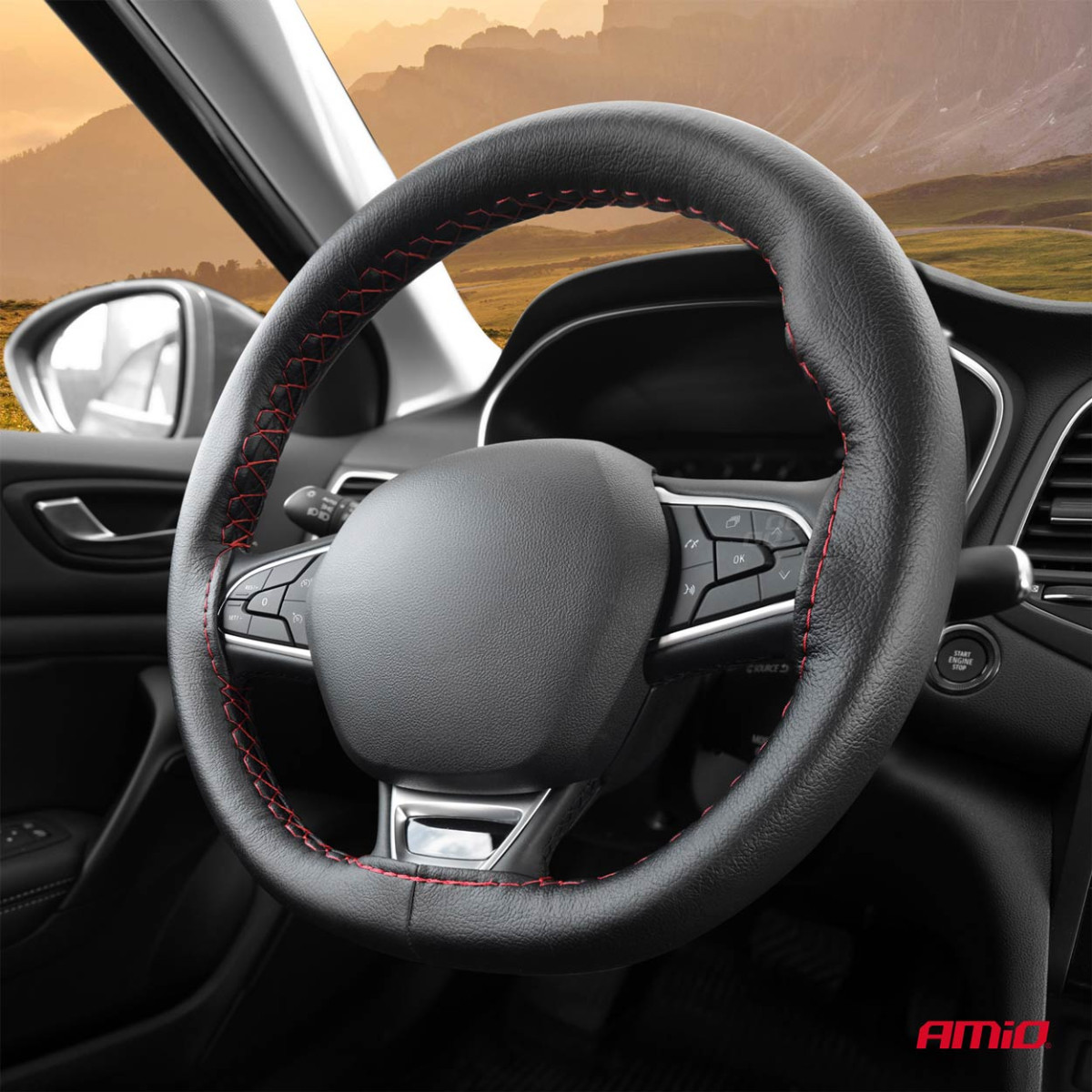 Steering wheel cover with needle and thread 38-39 cm - black / red stitching