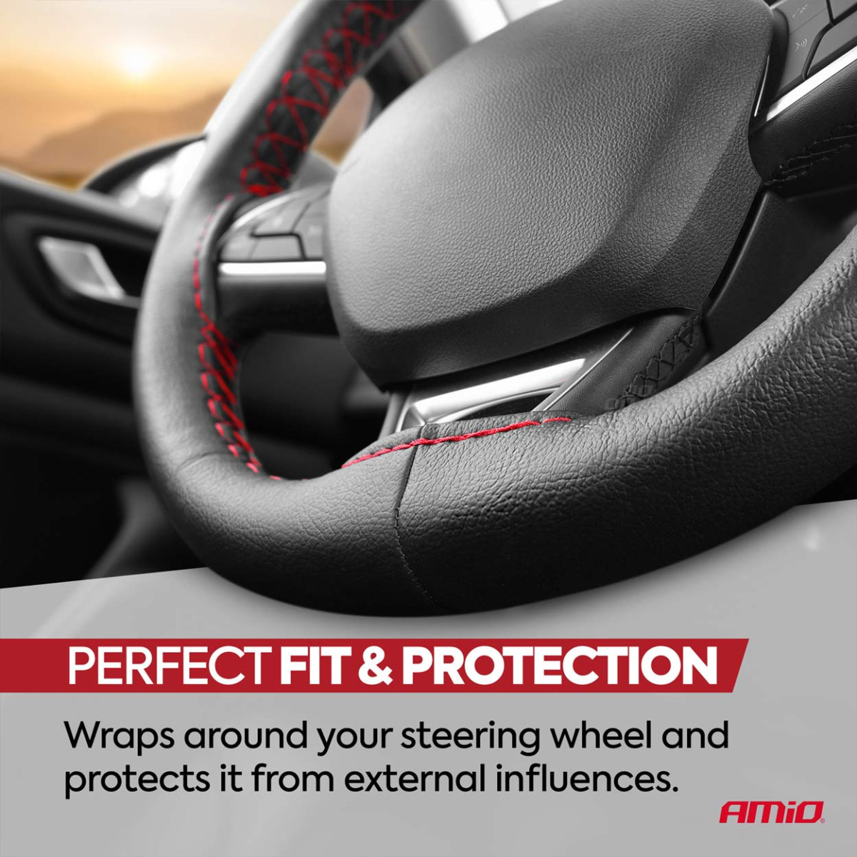 Steering wheel cover with needle and thread 38-39 cm - black / red stitching