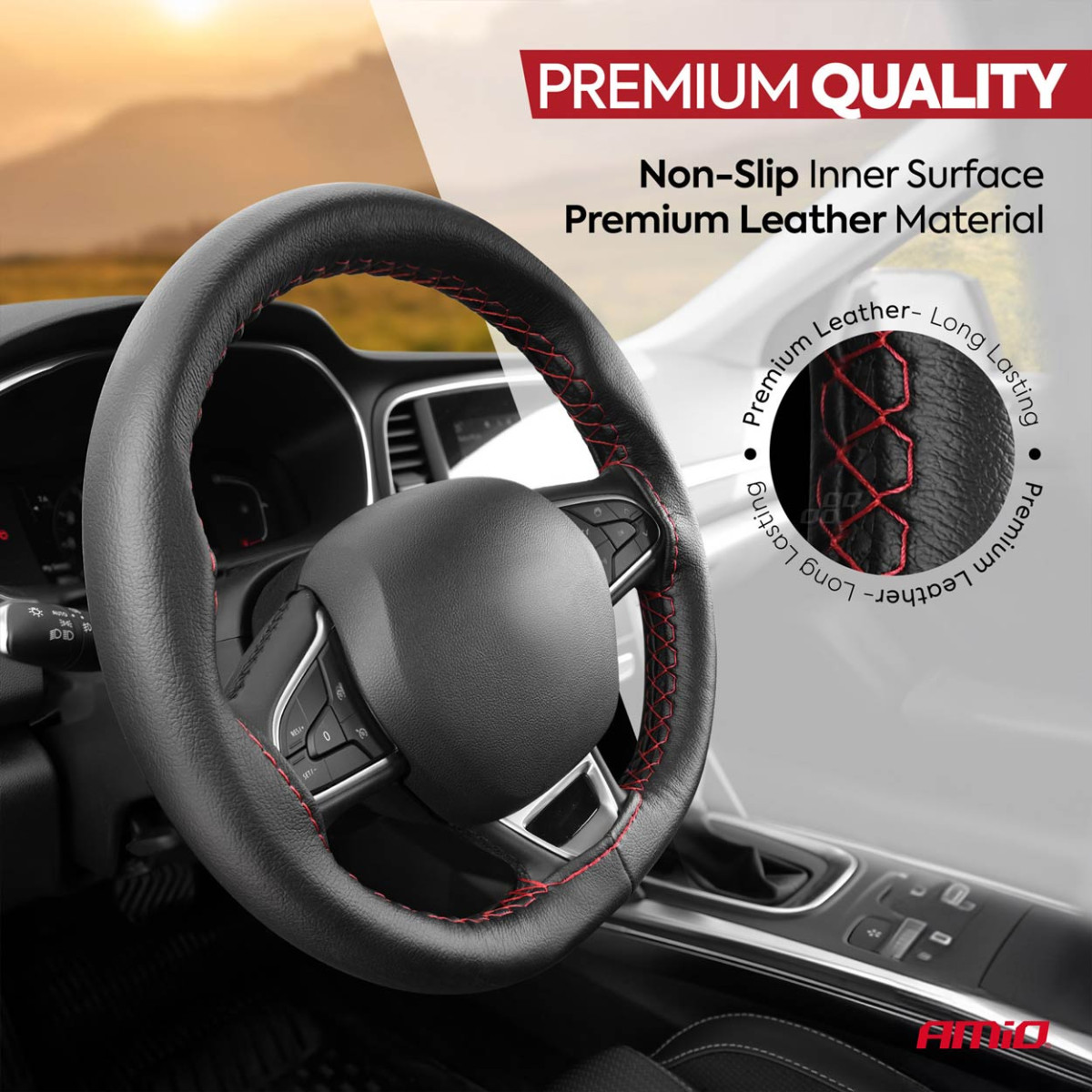 Steering wheel cover with needle and thread 38-39 cm - black / red stitching