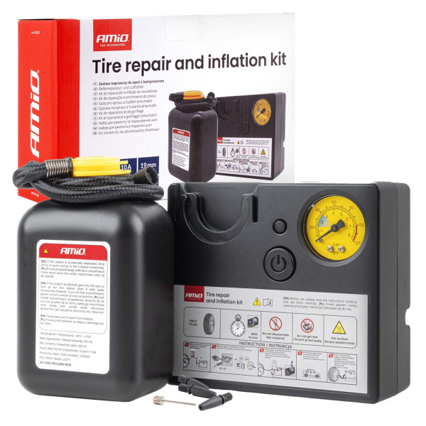Tire repair kit with compressor, 12 V, 19 mm, AMIO-04929