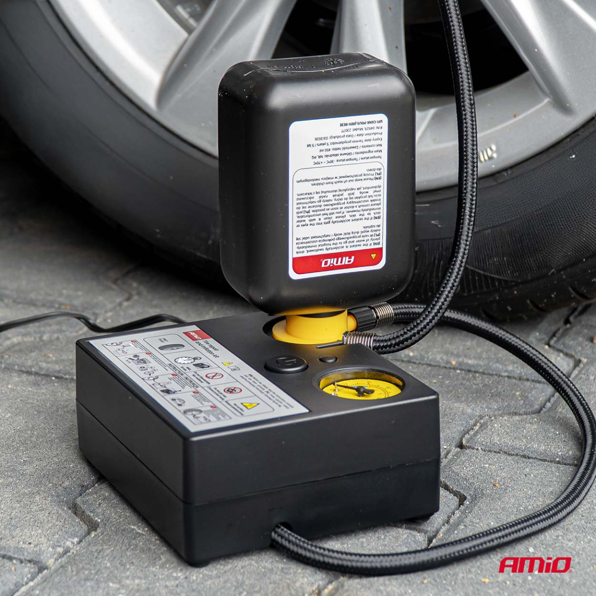 Tire repair kit with compressor, 12 V, 19 mm, AMIO-04929