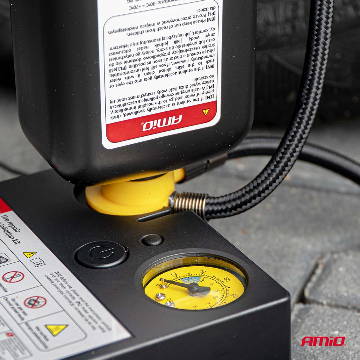 Tire repair kit with compressor, 12 V, 19 mm, AMIO-04929