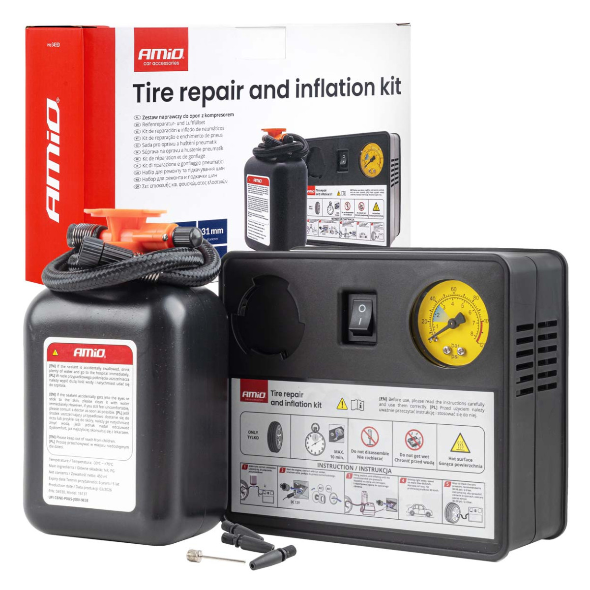 Tire repair kit with compressor, 12 V, 31 mm, AMIO-04930