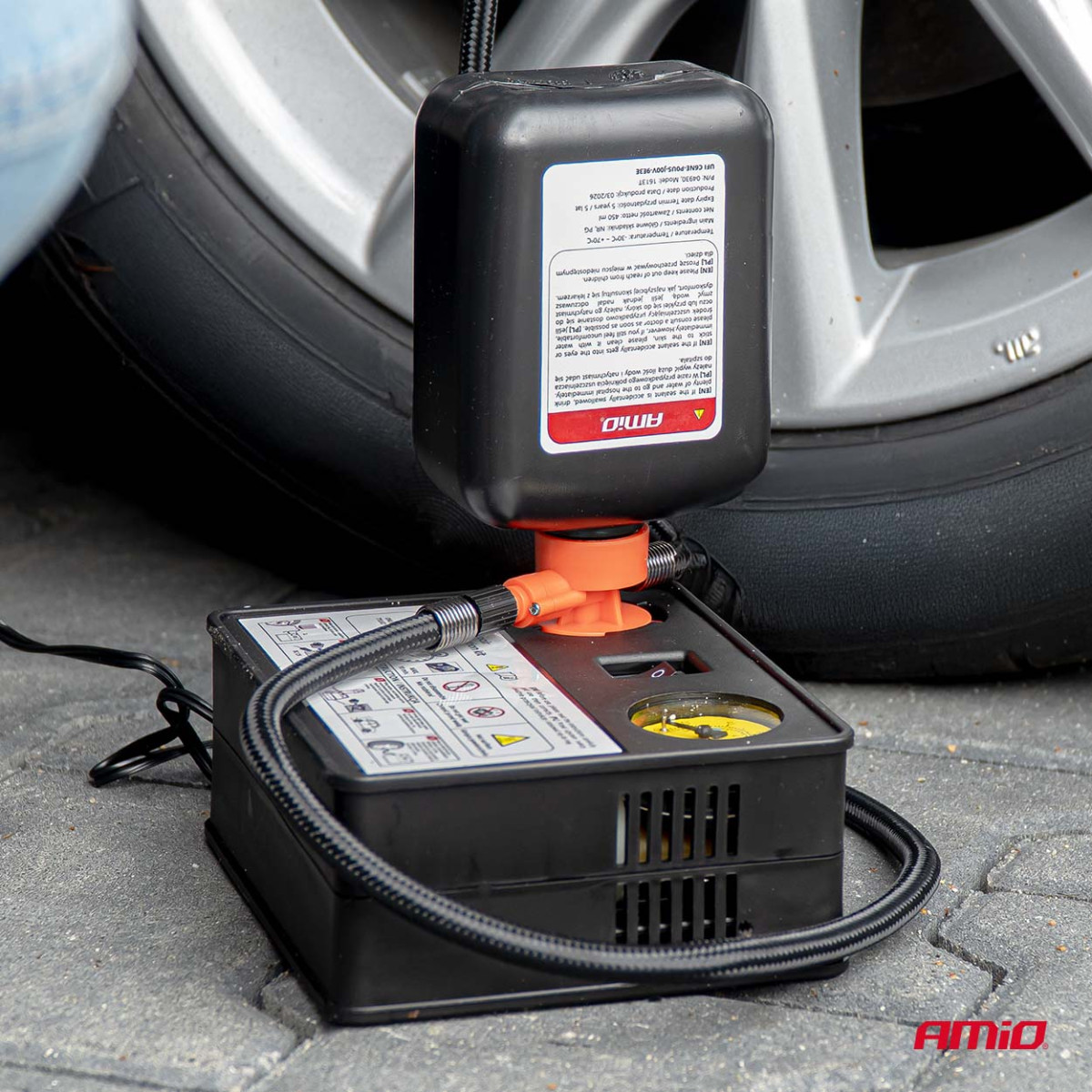 Tire repair kit with compressor, 12 V, 31 mm, AMIO-04930
