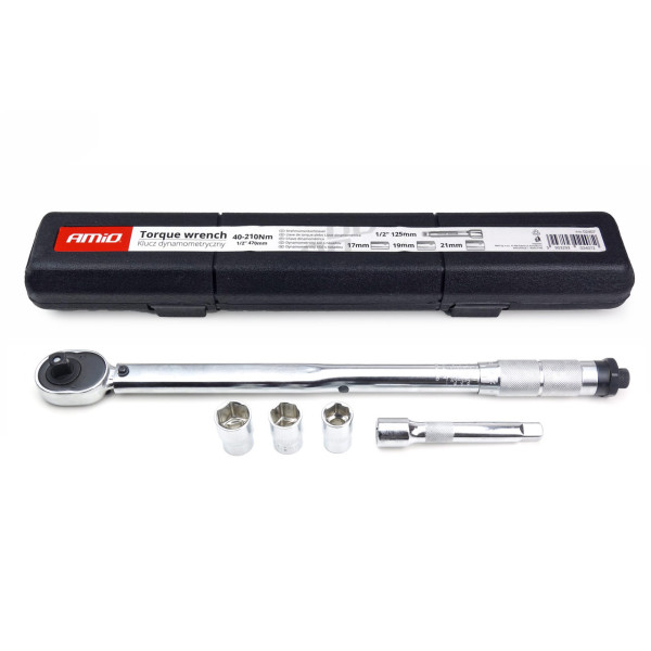 Torque wrench with sockets 17 / 19 / 21 mm, 40–210 Nm, AMIO-02407