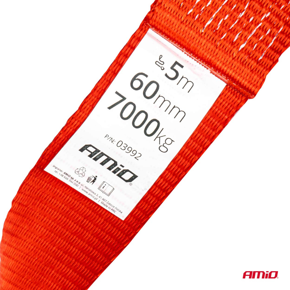 Tow strap 7000kg 60mm 5m hook + eye AMIO-03992