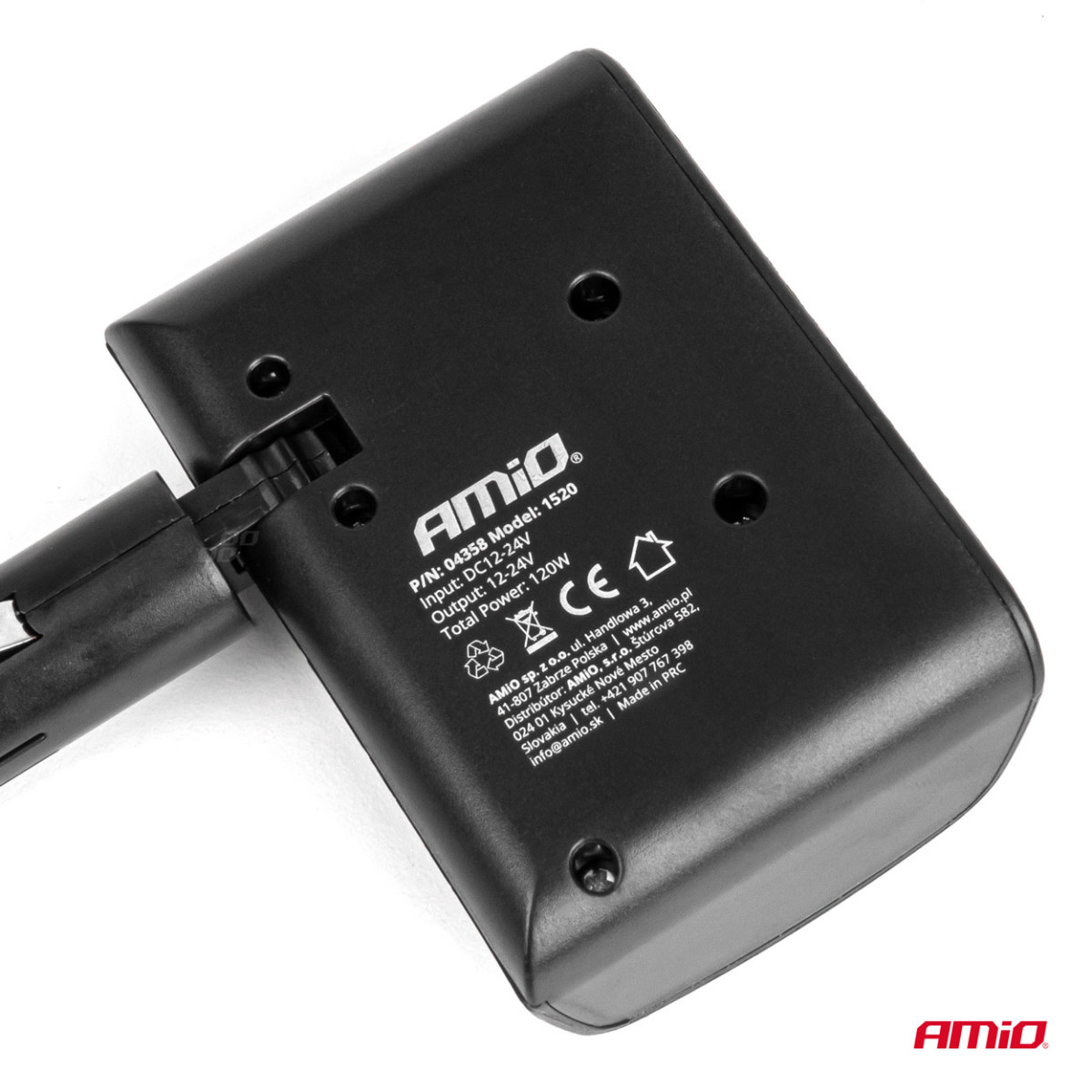 Three-socket cigarette lighter extension cable 12/24V 120W 90° AMIO-04358