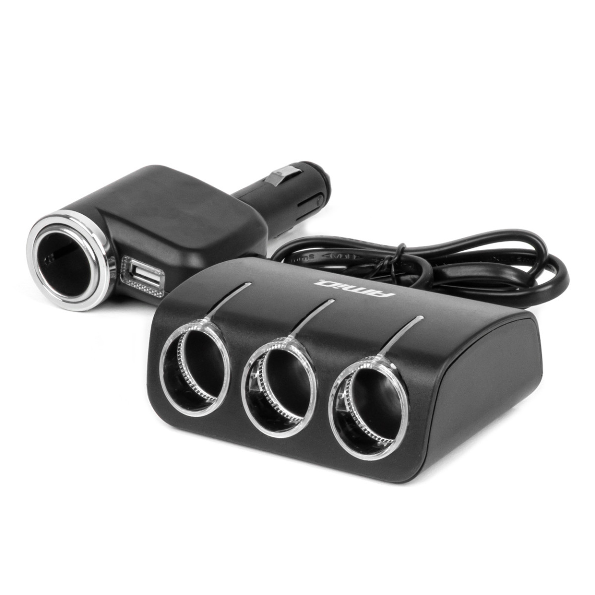Three-socket extension cord with charger 1x USB-A + 1x cigarette lighter 12/24V 120W 80 cm AMIO-04360