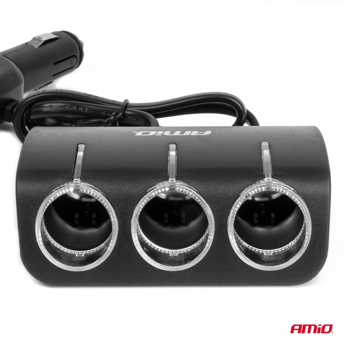 Three-socket extension cord with charger 1x USB-A + 1x cigarette lighter 12/24V 120W 80 cm AMIO-04360