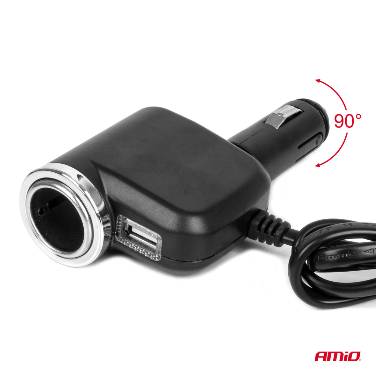Three-socket extension cord with charger 1x USB-A + 1x cigarette lighter 12/24V 120W 80 cm AMIO-04360