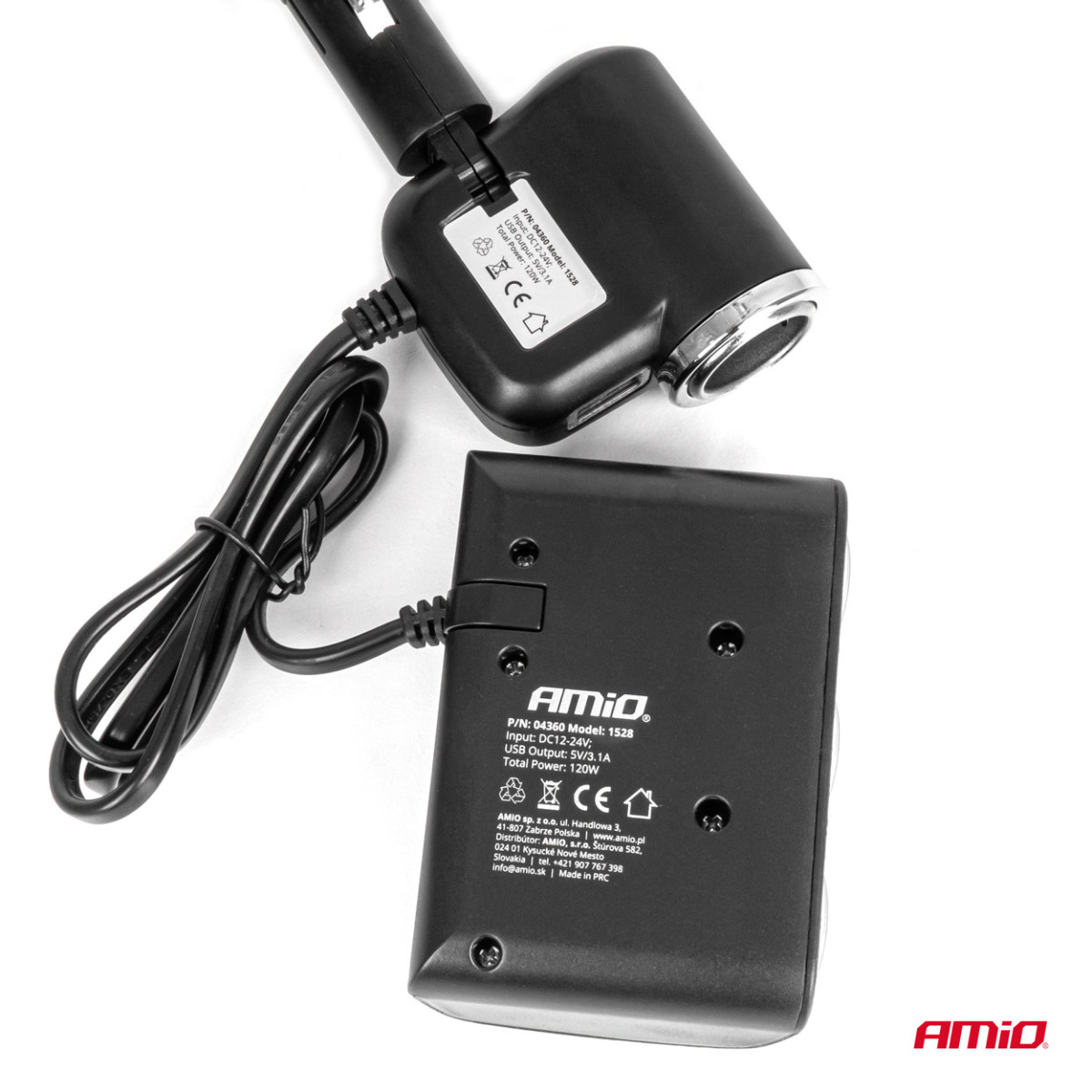 Three-socket extension cord with charger 1x USB-A + 1x cigarette lighter 12/24V 120W 80 cm AMIO-04360