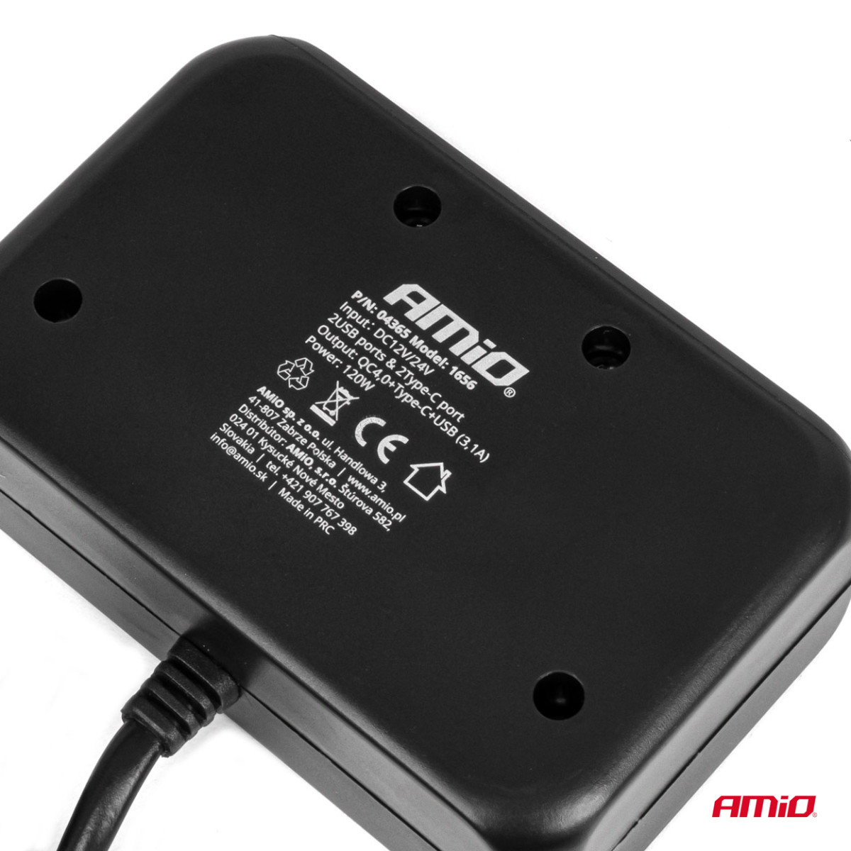 Three-socket extension cord with charger 1x USB-A + 1x USB-C QC 4.0 12/24V 120W 80 cm AMIO-04365