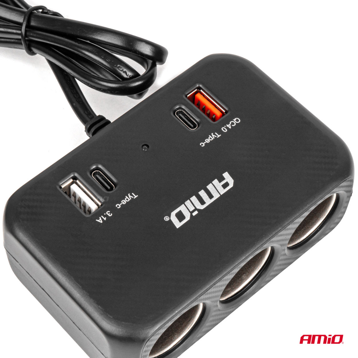 Three-socket extension cord with charger 1x USB-A + 1x USB-C QC 4.0 12/24V 120W 80 cm AMIO-04365