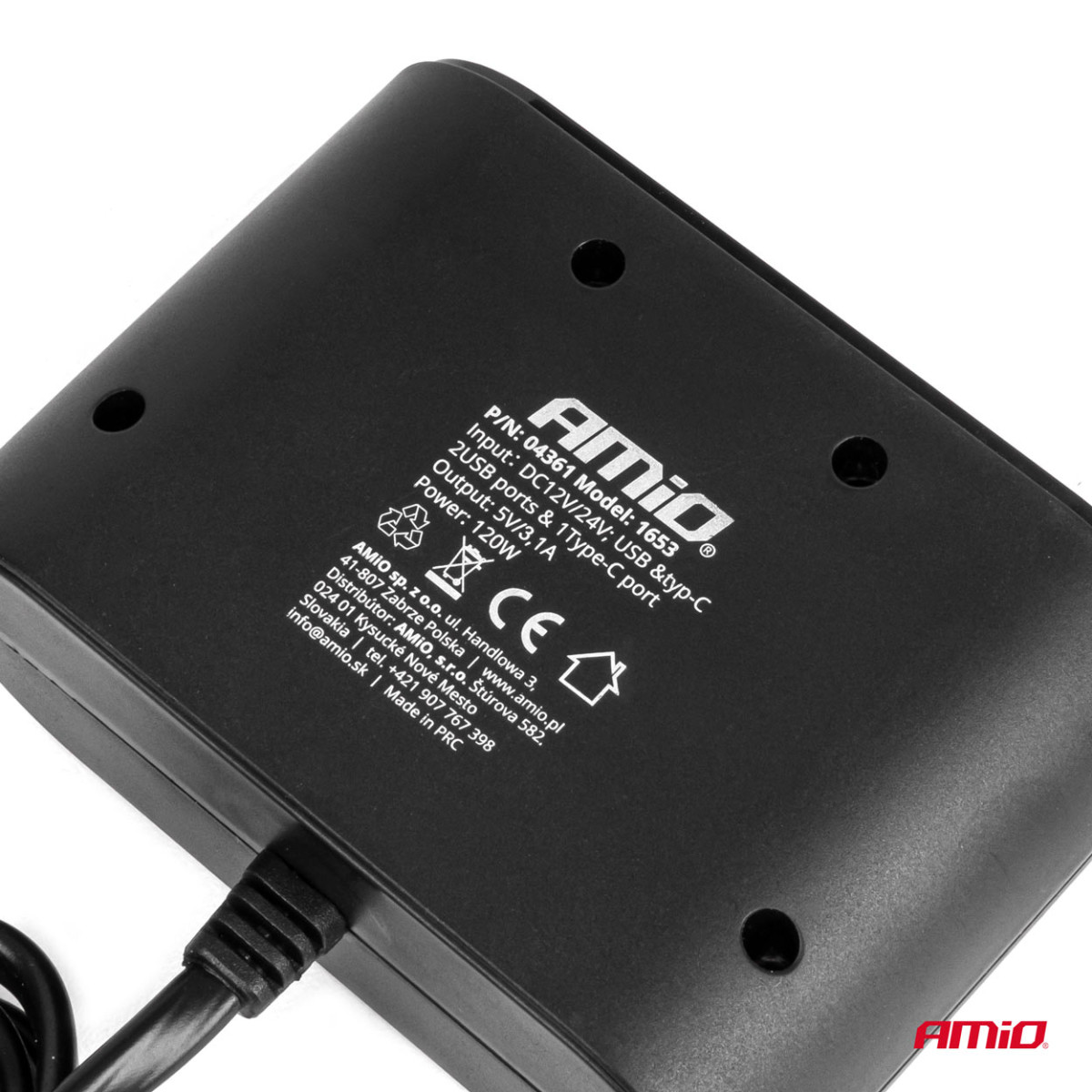 Three-socket extension cord with charger 2x USB-A + 1x USB-C 12/24V 120W 70 cm AMIO-04361