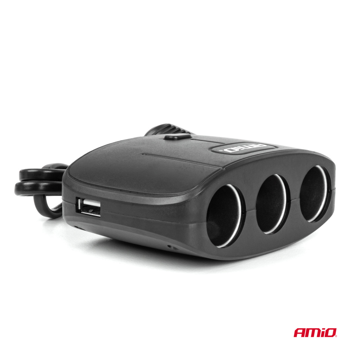 Three-socket extension cord with charger and ON/OFF button 2x USB-A 12/24V 100W 70 cm AMIO-04362