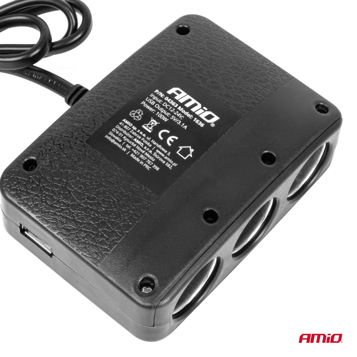 Three-socket extension cord with charger, ON/OFF button and LED indicator 2x USB-A 12/24V 100W 70 cm AMIO-04363
