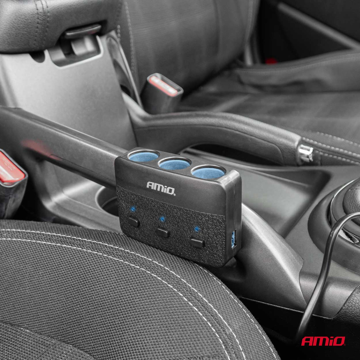 Three-socket extension cord with charger, ON/OFF button and LED indicator 2x USB-A 12/24V 100W 70 cm AMIO-04363