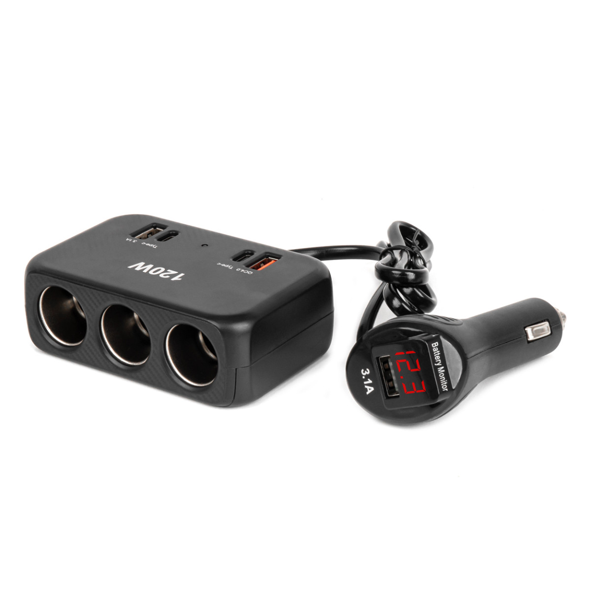 Three-socket extension cord with charger and digital display 2x USB-A + 1x USB-C QC 4.0 12/24V 120W 80 cm AMIO-04366