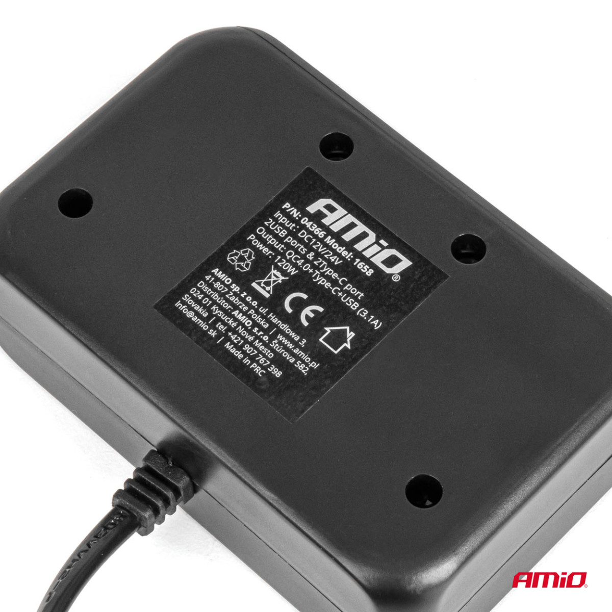 Three-socket extension cord with charger and digital display 2x USB-A + 1x USB-C QC 4.0 12/24V 120W 80 cm AMIO-04366