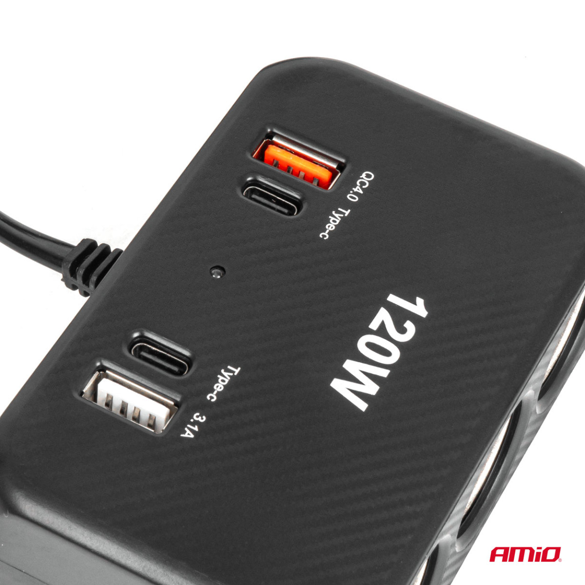 Three-socket extension cord with charger and digital display 2x USB-A + 1x USB-C QC 4.0 12/24V 120W 80 cm AMIO-04366