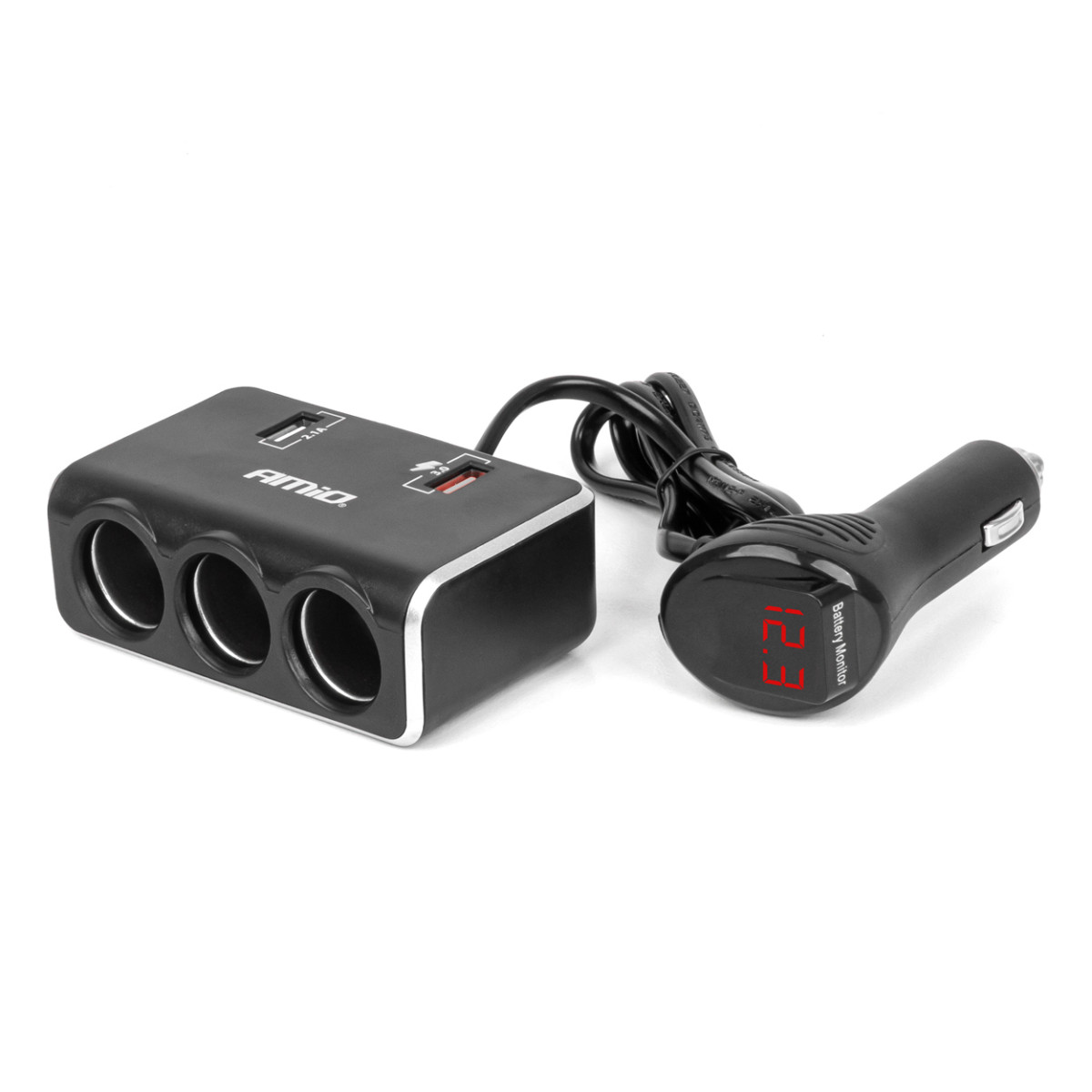 Three-socket extension cord with charger and digital display 2x USB-A QC 3.0 12/24V 120W 80 cm AMIO-04364