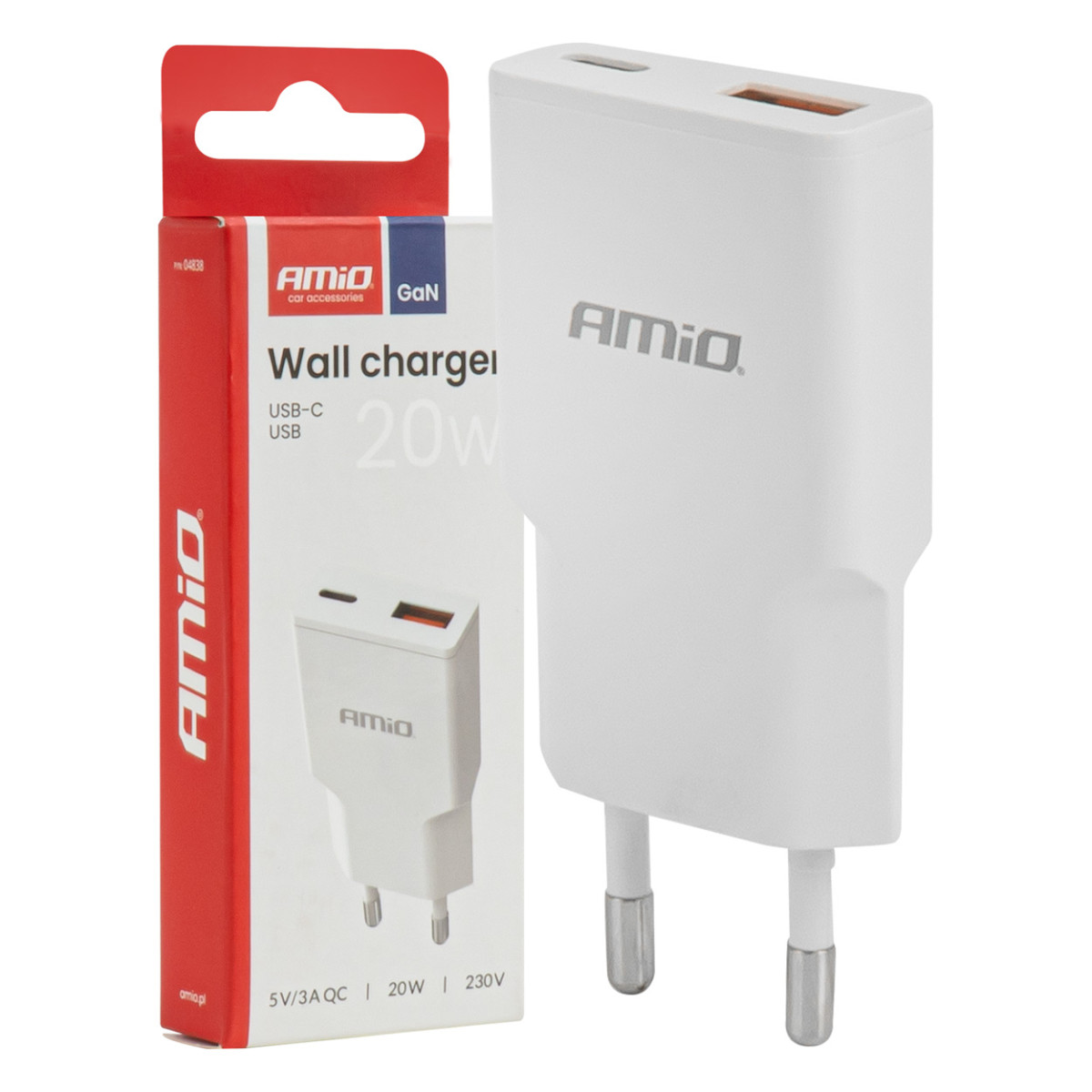 Mains charger 230V 20W GaN USB-C USB-A AMIO-04838