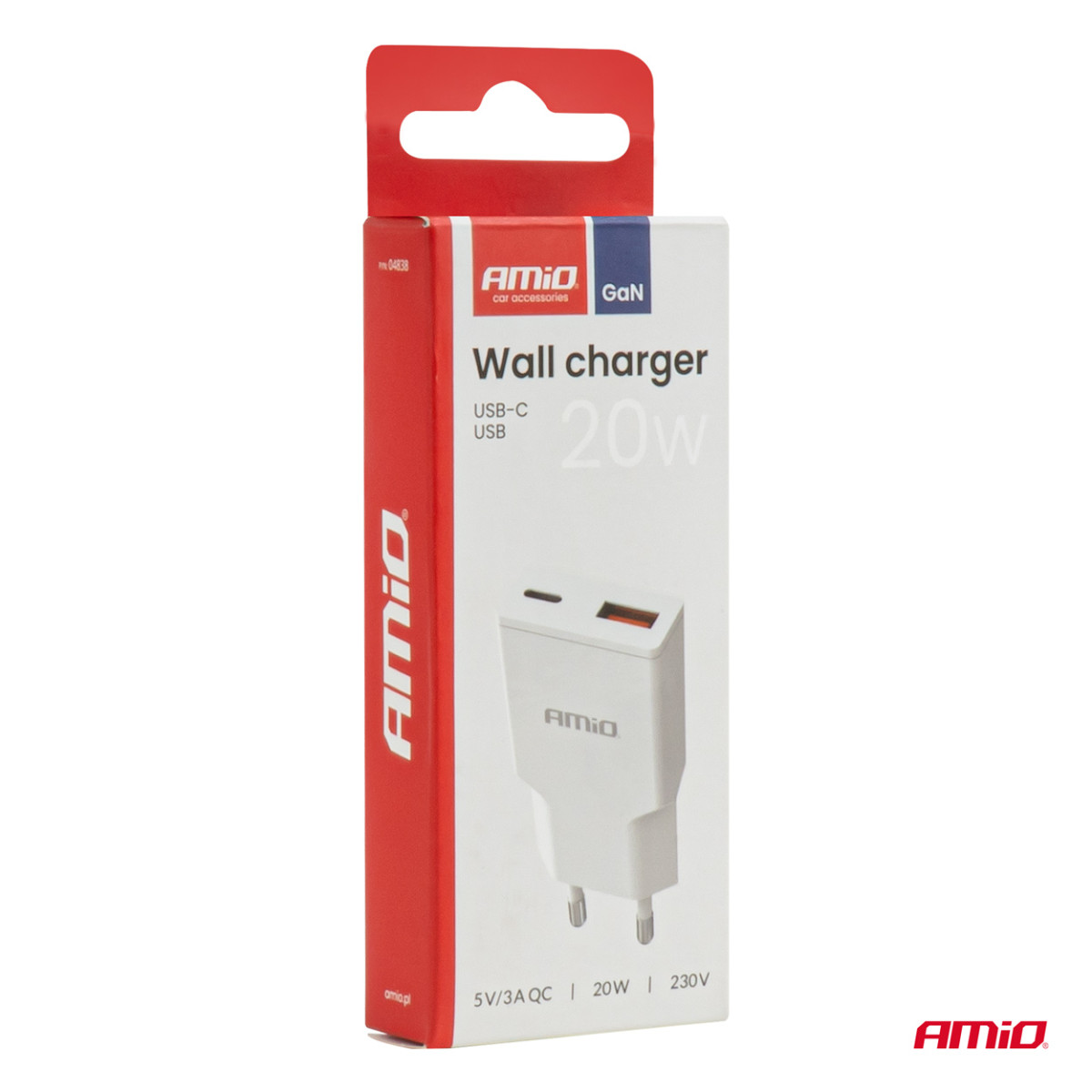 Mains charger 230V 20W GaN USB-C USB-A AMIO-04838