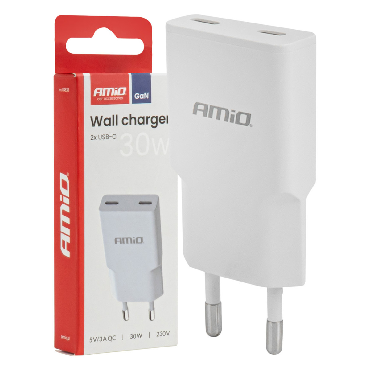 Mains charger 230V 30W GaN 2x USB-C AMIO-04839