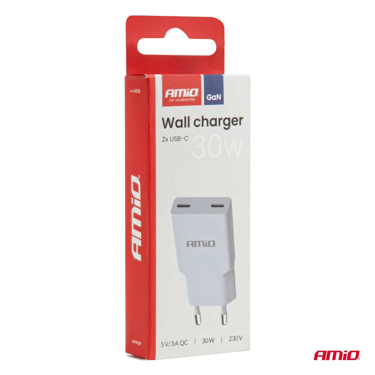 Mains charger 230V 30W GaN 2x USB-C AMIO-04839